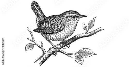 Detailed pen drawing of a songbird perched on a branch with leaves