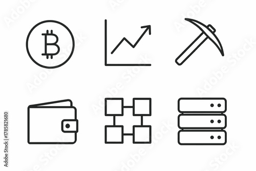 Cryptocurrency icons: bitcoin, mining, graph, wallet, blockchain, server