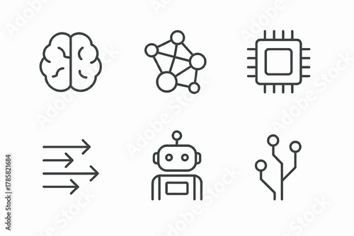 Artificial intelligence icons: brain, neural network, microchip, arrows, robot, circuit