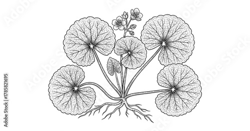 Intricate botanical design with stylized lotus and roots on white background