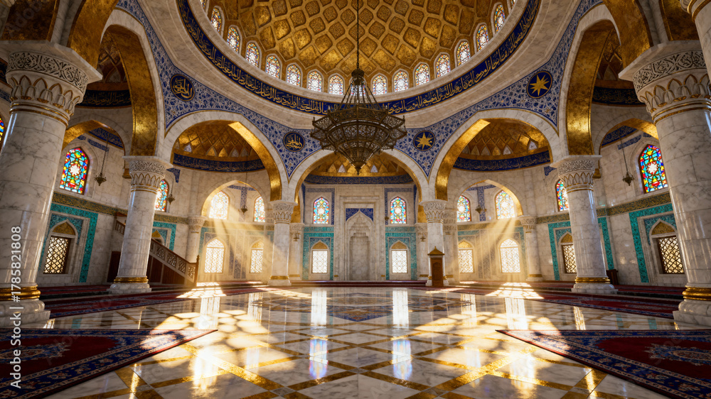 Obraz premium Sunlit Golden Mosque Interior with Marble Floors and Ornate Arches