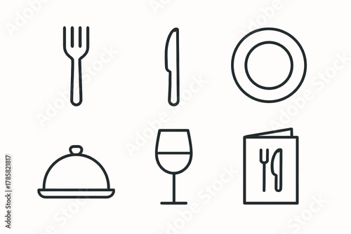 Minimalist outline icons of cutlery, plate, wine glass, menu, and cloche