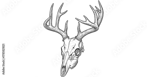 Intricate deer skull with antlers in detailed line art style