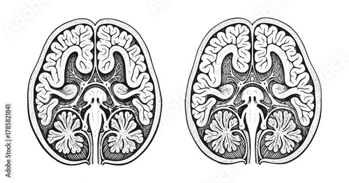Detailed engraving of human brain anatomy cross-section