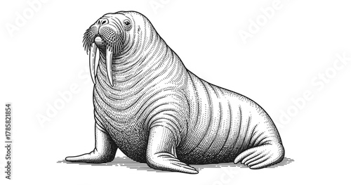 Detailed black and white walrus sketch with intricate lines and textures