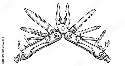 Hand drawn multi tool with pliers and knives in vintage style