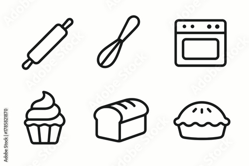 Black and white baking icons: rolling pin, whisk, oven, cupcake, bread, pie
