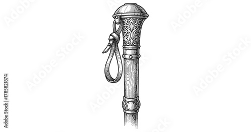 Ornate vintage scroll holder with intricate carvings and leather strap