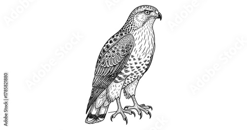 Detailed black and white hawk with intricate feather patterns in standing position