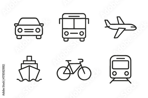 Outline icons of transportation modes: car, bus, airplane, ship, bicycle, train