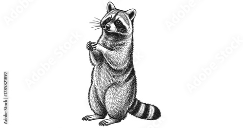 Detailed black and white raccoon standing on hind legs with clasped paws