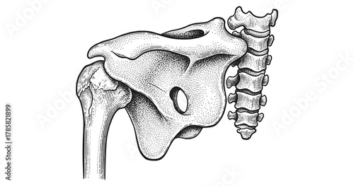 Detailed human pelvis bone with spine in vintage engraving style