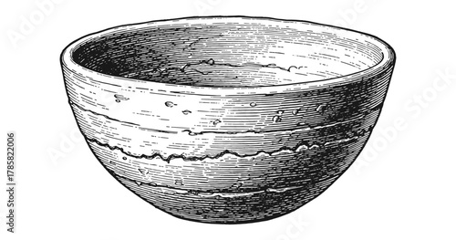 Detailed antique ceramic bowl drawing in black and white sketch style