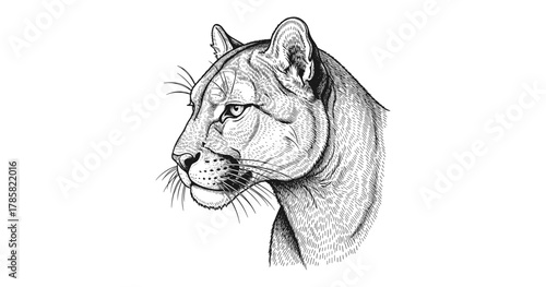Detailed line art of a cougar head on a white background