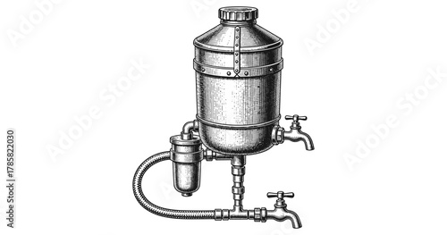 Industrial vintage engraving of antique metal boiler with pipes and valves