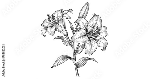 Elegant black and white lily bloom with intricate line details