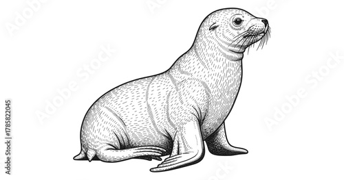 Intricate hand drawn seal in black and white vintage style