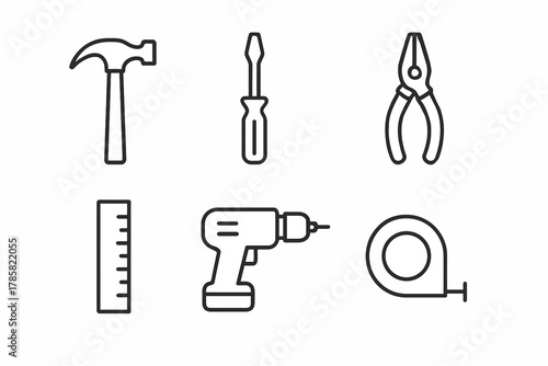 Basic hand tools: hammer, screwdriver, pliers, ruler, drill, tape measure icons