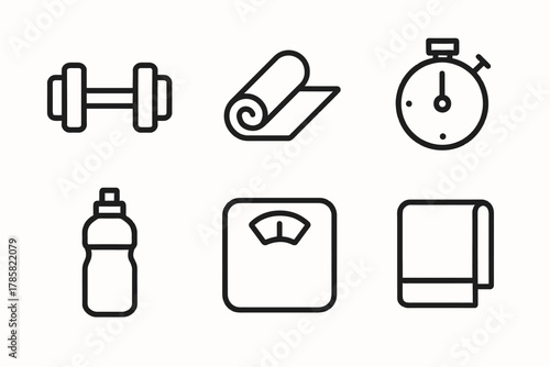 Minimalist fitness icons: dumbbell, yoga mat, stopwatch, water bottle, scale, towel
