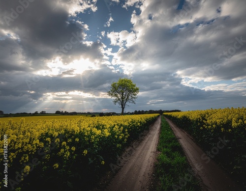 Countryside Dirt Road Through Yellow Flower Field Under Dramatic Sky