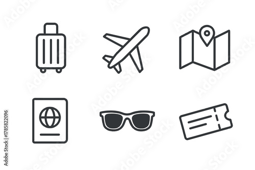Travel icons: luggage, airplane, map, passport, sunglasses, ticket