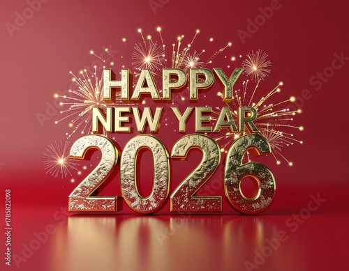 Happy New Year 2026 Golden Text with Fireworks on Red Background