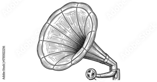 Vintage gramophone with engraved horn in classic black and white style