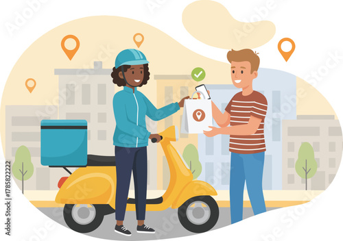 Happy Delivery Rider on Scooter Handing Package to Customer Illustration