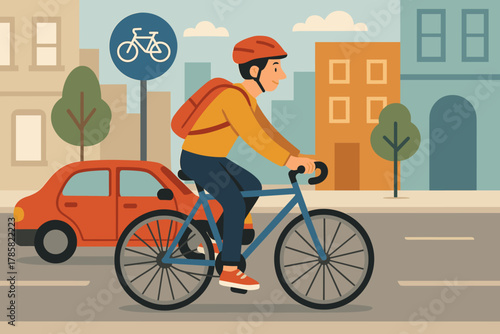 Young caucasian male cyclist wearing an orange helmet and backpack rides a blue bicycle in an urban setting, passing a red car and a bicycle sign.