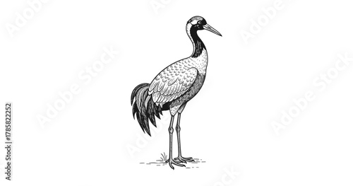 Detailed crane bird sketch in black and white with intricate feathers