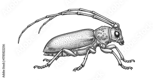Intricate beetle engraving with detailed line art and ornate patterns