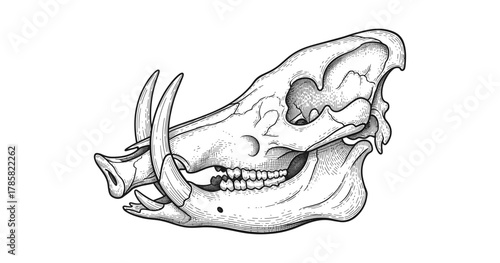 Detailed wild boar skull artwork in black and white ink line art