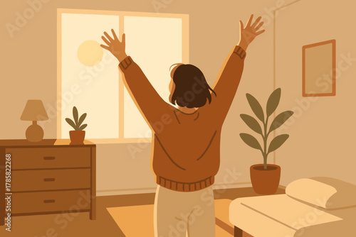 Woman stretching in a cozy bedroom with plants, bathed in warm morning light, facing a sunlit window.