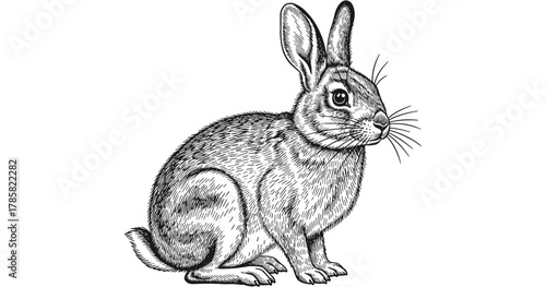 Detailed black and white engraving of a sitting hare on a white background