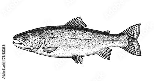 Detailed monochrome engraving of a trout fish in retro style