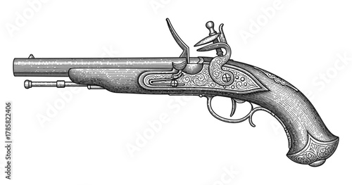 Antique flintlock pistol: detailed vintage engraving of historical weapon
