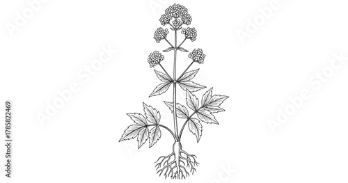 Detailed botanical drawing of valerian plant with roots and flowers