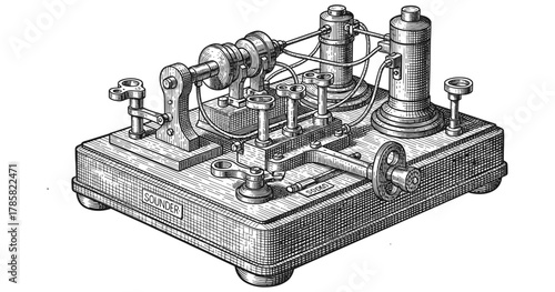 Vintage telegraph machine in detailed engraved style