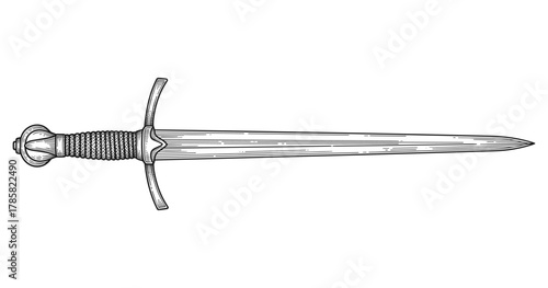 Detailed monochrome medieval dagger with hilt and crossguard in line art style