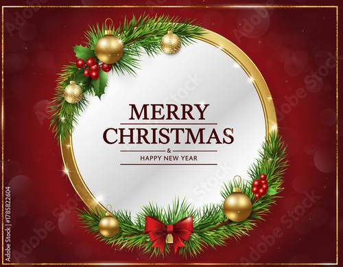 Merry Christmas Greeting Card with Decorative Wreath and Red Background