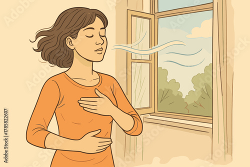 Caucasian adult female with brown hair practices deep breathing exercises near an open window allowing fresh air indoors.