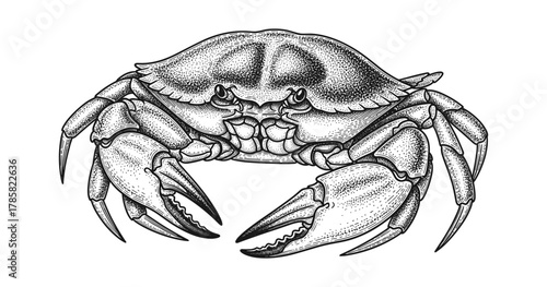 Detailed black and white ink drawing of a crab with spotted shell and claws