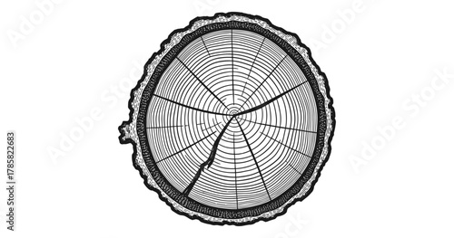 Detailed cross section of tree trunk showing growth rings in engraving style