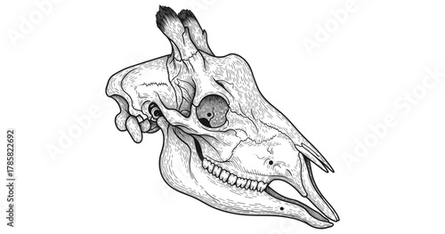 Detailed animal skull art with monochrome ink linework for tattoo and design