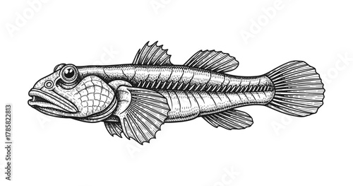 Intricate hand drawn fish artwork in detailed monochrome style