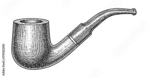 Vintage etched tobacco pipe graphic with crosshatch detail