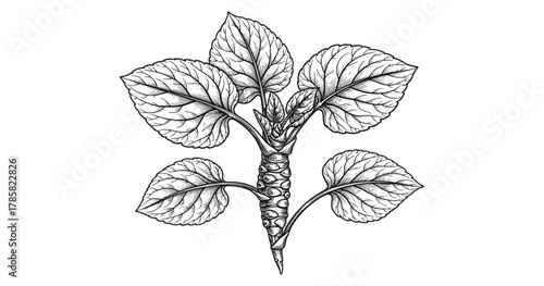 Monochrome botanical ink drawing of a detailed plant with leaves