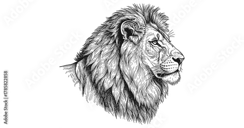 Majestic lion portrait in detailed black and white line art sketch