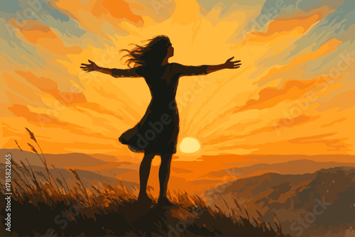 Silhouette of a young female standing on a hill with outstretched arms against a vibrant orange sunset sky.