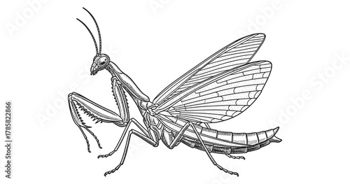 Intricate black and white line drawing of praying mantis
